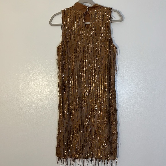 Carla Conti | Sequin gold/copper fringe mesh overlay mini dress Women’s size S - Picture 5 of 11